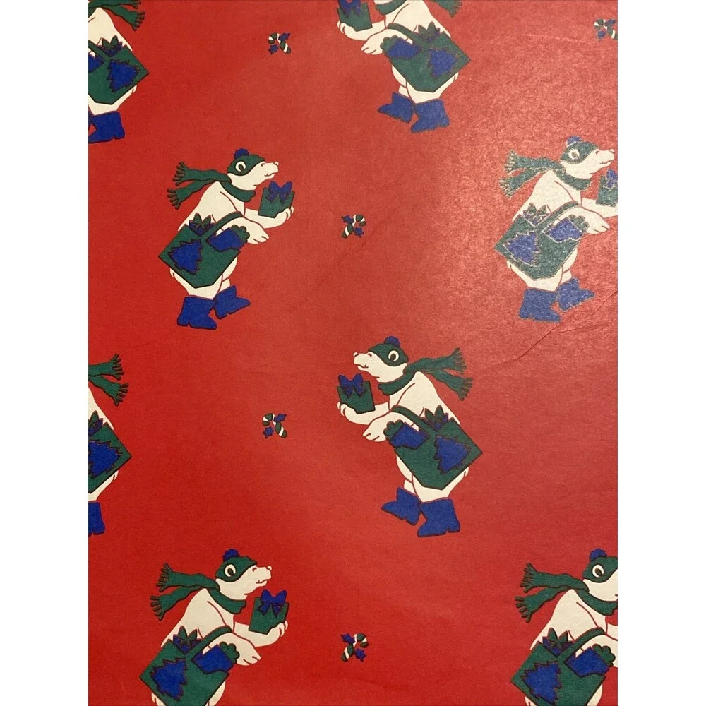 Vintage Christmas Gift Wrapping Paper 2 pieces Polar Bear Red 30”x40” Holiday